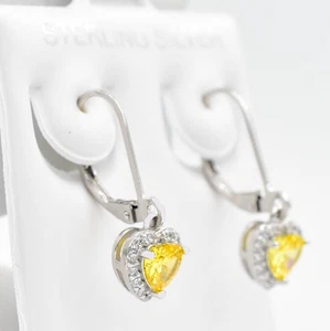 CREATED 1.64 Cts YELLOW TOPAZ & W/SAPPHIRE HEART DANGLING EARRINGS .925 Silver - Picture 1 of 6