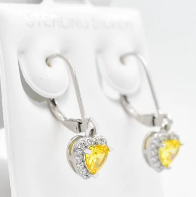 CREATED 1.64 Cts YELLOW TOPAZ & W/SAPPHIRE HEART DANGLING EARRINGS .925 Silver - Image 1 of 4