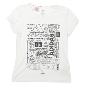 ADIDAS Girls White 3 Stripe Life Graphic T-Shirt M Short Sleeve Crew Neck - Picture 1 of 6
