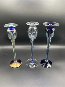 Steven Correia Signed Art Glass Pulled Feather Iridescent Lot Of 3 Candlesticks - Picture 1 of 23