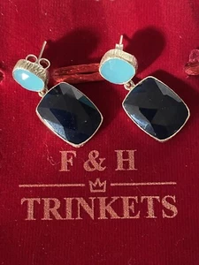 Earrings with Natural Chalcedony Onyx (Blue Dyed) Gemstones in 925 silver - Picture 1 of 3