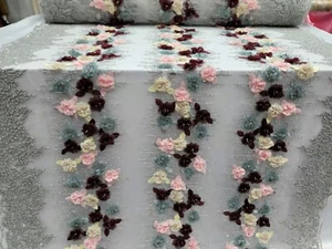 Silber Perlen Spitze 3D Burgund Rosa Blumen Stoff Meterware Mode Quinceañer - Bild 1 von 10