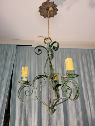 Italian Petite Country Tole ANTIQUE 3 Light Chandelier Early Green Chippy Paint Cover