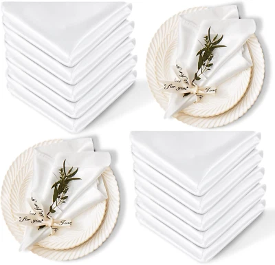 12 Pack Satin Table Cloth Napkins, 17X17 Inch White Silky Wedding Napkins Cloth - Image 1 of 4