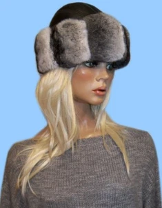 NEU ECHT CHINCHILLA UND SCHWARZ LEDER PELZMÜTZE 21-23 Zoll - Bild 1 von 4