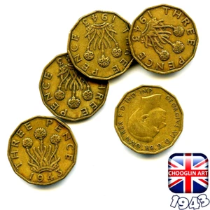 Set of (x5) BRITISH 1943 GEORGE VI THREEPENCE coins, 82 Years Old! - Picture 1 of 1