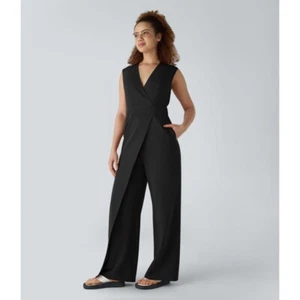 NWT!! HALARA V Neck Backless Tie Back Black Jumpsuit Wide Leg Stretch Medium - Picture 1 of 13