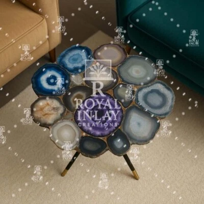 18” Mixed Agate Slice Round Side Table Multicolor Natural Stone Accent Table - Image 1 of 4