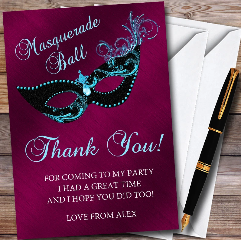 Deep Pink Masquerade Ball Personalised Party Thank You Cards - Image 1 of 1