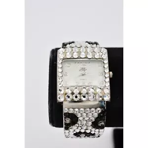 Kirks Folly Crystal Watch Bangle Bracelet Silver Leopard Print Rhinestone Bin6 - Picture 1 of 12