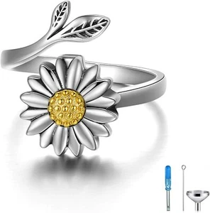 925 Sterling Silver Sunflower Open Ring For Ashes Cremation Urn Ring Adjustable - Picture 1 of 7