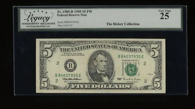 DBR 1995 $5 FRN New York Fr. 1985-B Legacy 25 Serial B84037935E - Image 1 of 2