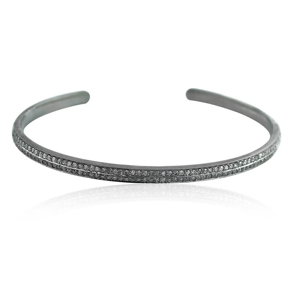 925 Sterling Silver Natural Diamond Cuff Bangle Bracelet Handmade Pave  Jewelry - Image 1 of 4
