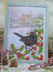 Cross Stitch Chart - Snowy Winter Scene Sampler Blackbird On Holly Berries - Picture 1 of 1
