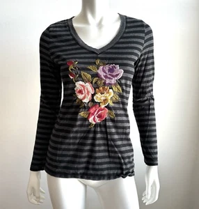 Johnny Was Women’s Medium Top Striped Floral Embroidered Gray Casual Cotton - Picture 1 of 7