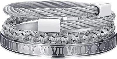 Pulseras abiertas de lujo de acero inoxidable con corona real romana para hombre 3 piezas Foto 1 de 4