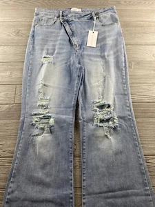 Risen Jeans Overlap Fly Light Wash Distressed Flare Women's Size 3XL NWT - Picture 1 of 13