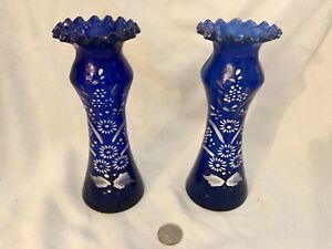 Antique cobalt blue handblown vases set of 2 Handpainted Enamel Design Pontiled