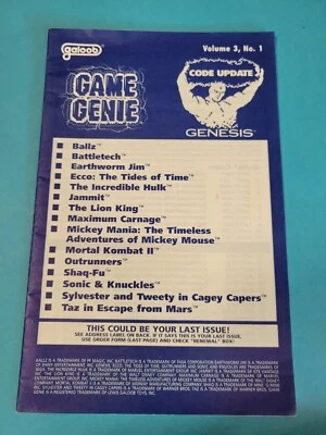 Game Genie Code Update Volume 3, No 1 Manual SEGA Genesis Book Galoob - Image 1 of 2
