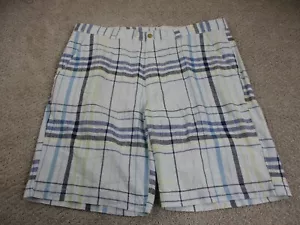 Caribbean Linen Chino Golf Shorts Adult 38 Blue Plaid Casual Pockets Mens - Picture 1 of 13