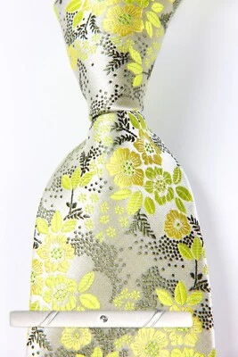 New Fashion Floral Yellow Silver JACQUARD WOVEN 100% Silk Men's Necktie Tie - Image 1 of 4