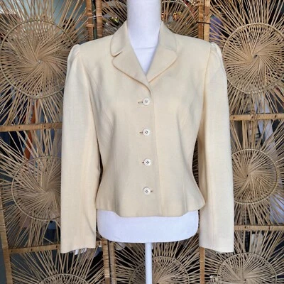 Blazer feminino vintage anos 80 lã creme S/M jaqueta terno sob medida David Hayes - Imagem 1 de 4
