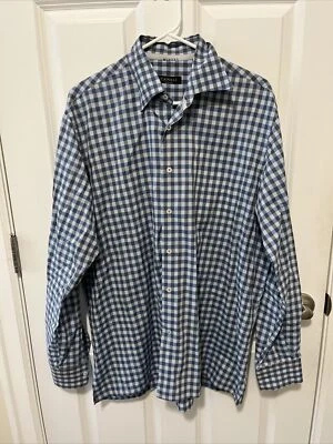 CANALI ИТАЛИИ МУЖСКОЙ XL РОСКОШЬ ПЛАТЬЕ РУБАШКА СИНИЙ ЧЕК ХЛОПОК - Изображение 1 из 4