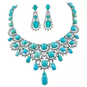Turquoise Blue Cabochon Necklace and Earrings Set Bib Suite High Luxury Jewelry - Picture 1 of 9