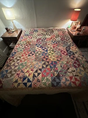 Circa 1928 Granny Made Hand-stitched Patchwork Triangle Quilt 75”X65” MINT - Image 1 of 4