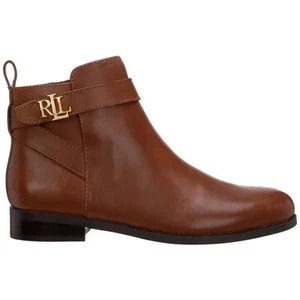 Lauren Ralph Lauren Women's Size 10B Bonne Leather Cognac Ankle Boots Gold Logo - Picture 1 of 9