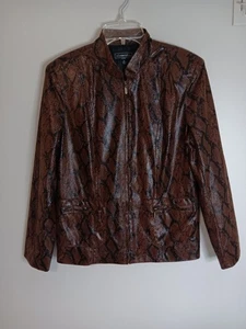 Elementz Faux Leather Snakeskin Zip Up Lightweight Jacket Sz Large Petite Brown - Picture 1 of 5