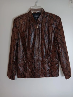 Elementz Faux Leather Snakeskin Zip Up Lightweight Jacket Sz Large Petite Brown - Image 1 of 4
