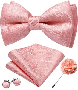 Mens Bow Tie Set Light Pink Pre-tied Bowties Adjustable with Handkerchief Cuf... - Picture 1 of 6