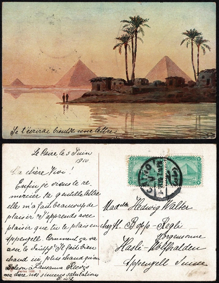 Postal de Egipto 1910, pirámides vista al atardecer, El Cairo a Haslen, 2x1 m verde Foto 1 de 3