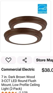 Commercial Electric 7 in. Brown Wood LED Flush Mount Light, 3-CCT (2-Pack) - Picture 1 of 4