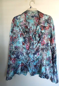 MUJER NOTACIONES MULTI FLORAL VOLANTES SATINADO TOP CAMISA BLUSA TALLA L - Imagen 1 de 3
