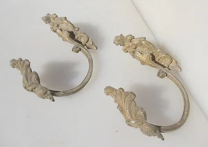 Antique Brass Curtain Tie Backs Hooks French Old Victorian Rococo Leaf Vintage - Picture 1 of 14
