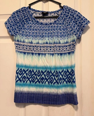 MOSSIMO Top Camisa M 8 Busto 32 Largo 23 Blanco Multi Geométrico Rayas Ajustado Foto 1 de 3