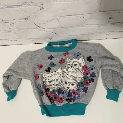Vintage YLM Girl’s Long Sleeve Sweater 4 Gray Teal Trim Puffy Paint Cats - Image 1 of 4
