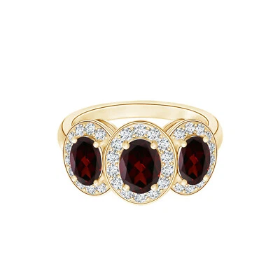Three Stone 7x5MM Oval Shape Garnet Solitaire Accents Ring 14k Yellow Gold - Image 1 of 4