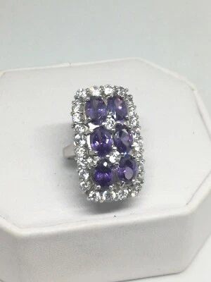 Anello donna ARGENTO RODIATO FASCIA ZIRCONI BIANCHI AMETISTE MIS 10 - Immagine 1 di 4