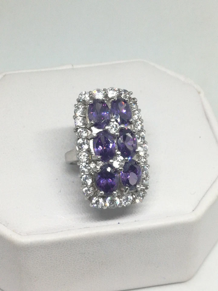 Anello donna ARGENTO RODIATO FASCIA ZIRCONI BIANCHI AMETISTE MIS 10 - Immagine 1 di 4