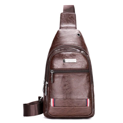Men's Bags Leather Sling Zipper Pack Chest Shoulder Crossbody Bag Satchel Bag - Image 1 of 4
