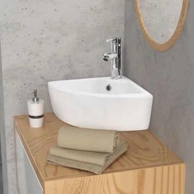 Vasque d'angle en céramique blanc lavabo à poser sur plan de toilette 460x330 mm - Photo 1/4