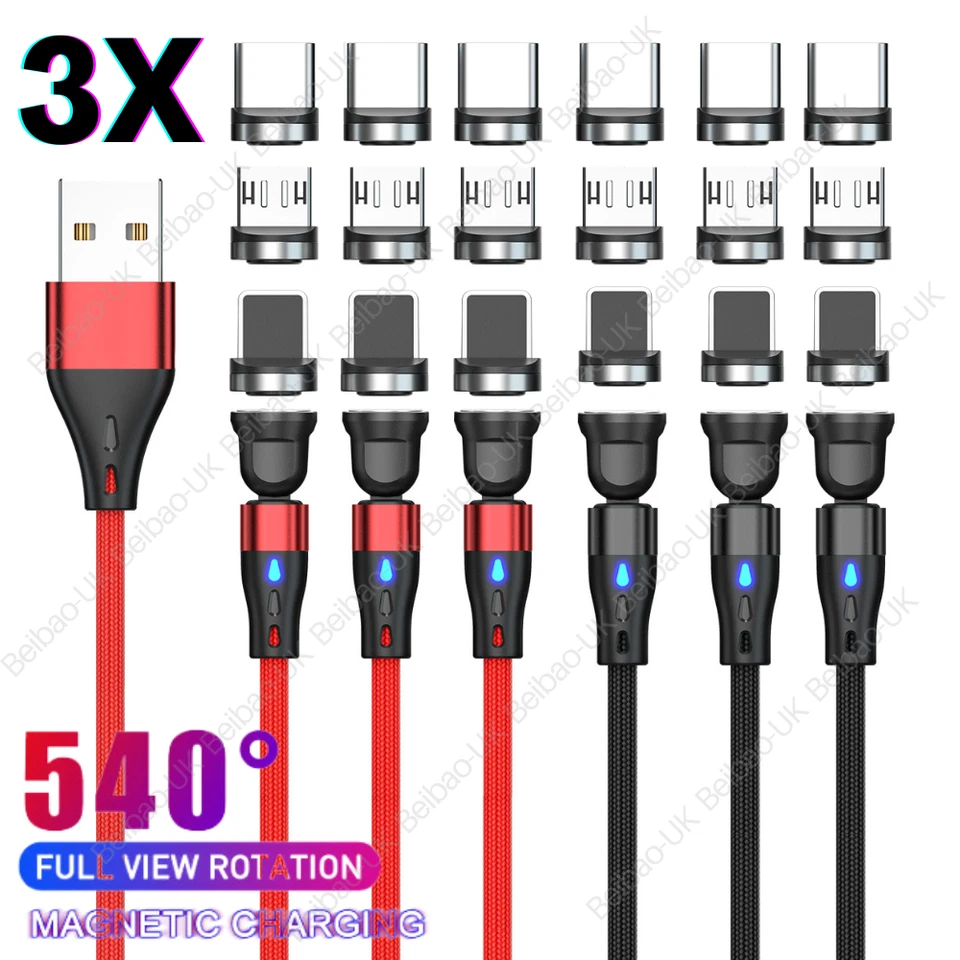 180+360° Rotate Magnetic Phone Cable Micro USB Type C Charger For iPhone Samsung - Image 1 of 4