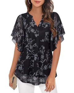 Floral Ruffle Sleeve V Neck Blouse for Women - Casual Tunic Office Top - Picture 1 of 4