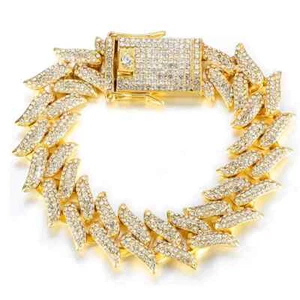 19MM 3AAA+ CZ Ice Out Hop Hip Thorns Cuban Link Bracelet 8Inch 14k Gold Plated - Picture 1 of 4