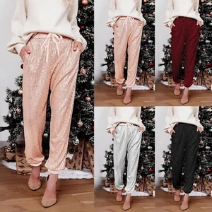Womens Sequin Bling Legging Joggers Pencil Pants Drawstring Dressy with Pockets - Picture 1 of 35