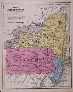 1854 Map ~ NEW YORK, PENNSYLVANIA, NEW JERSEY ~ Hand Colored (9x11)-#009