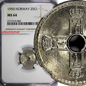 NORWAY Haakon VII  1950 25 Øre Last Year NGC MS64 TOP GRADE KM# 384 (083) - Picture 1 of 4